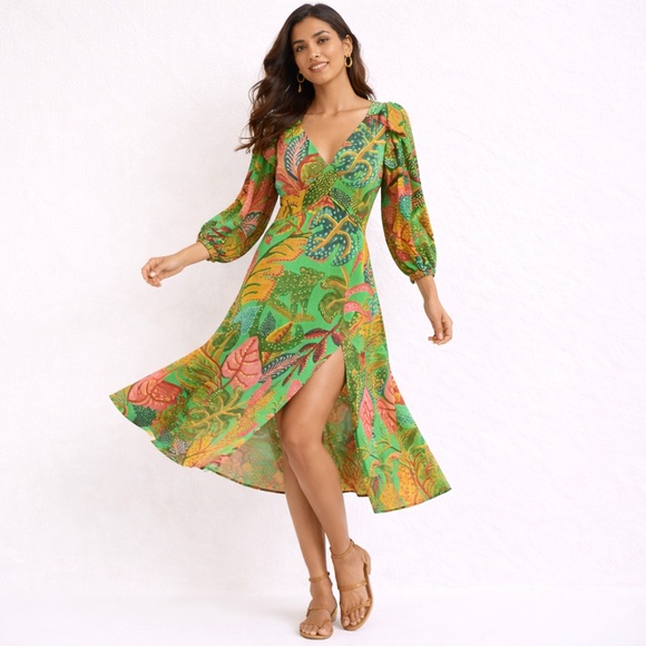 Farm Rio Jungle Print Dress Puff Sleeve Tropical Boho Midi Size S